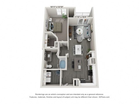 Floor plan for 1 bed, 1 bath, 841 sqft